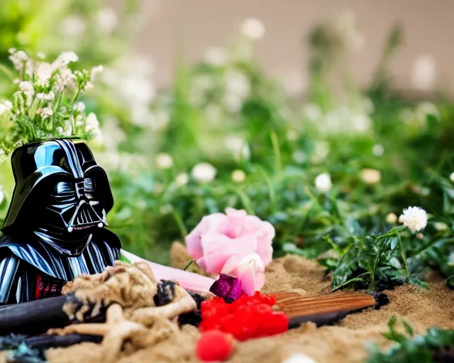 Prompt: 8 5 mm food photography of darth vader playing with toys near a garden with sand with dof and bokeh and flowers o