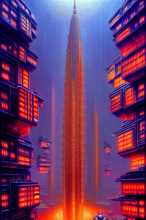 Prompt: a giant thai architecture city bladerunner, tim hildebrandt, wayne barlowe, bruce pennington, donato giancola, trending on artstation, cinematic composition, beautiful lighting, hyper detailed, 8 k, oil on canvas