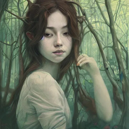 Image similar to artist james jean and sam spratt beautiful illustration of a natural women in a serene forest, high detail, artstation, natural colors, peaceful expression,