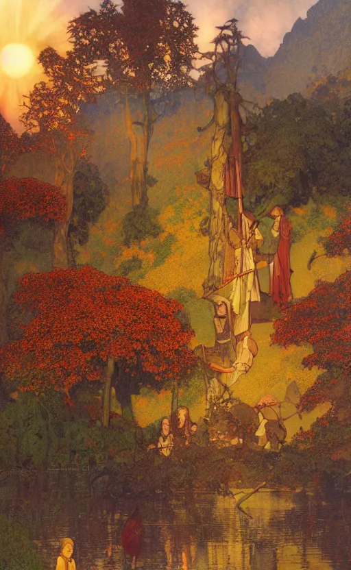 Image similar to adventurers journeying into Rivendell at sunset in the autumn, by Maxfield Parrish, Mucha, Donato Giancola, Thomas Kincade, and James Gurney