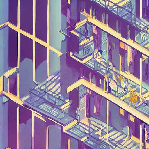 Prompt: an acidic beautiful slimegirl woman in a bright white hallway with many doors and many stairs, Mc Escher architecture, epic composition, by Makoto Shinkai