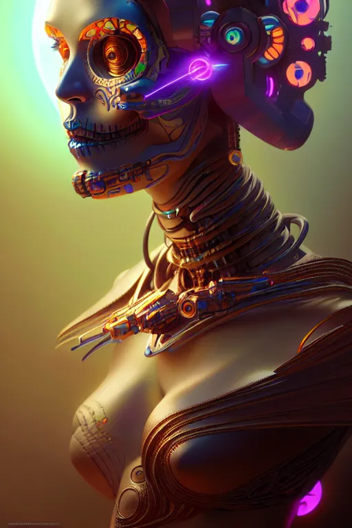 Prompt: ultra detailed female android deity, scifi, fantasy, octane render, unreal engine, dia de los muertos, asymmetrical intricate concept art, triadic color, art by artgerm and greg rutkowski and alphonse mucha, 8 k, artstation, cgstation, behance