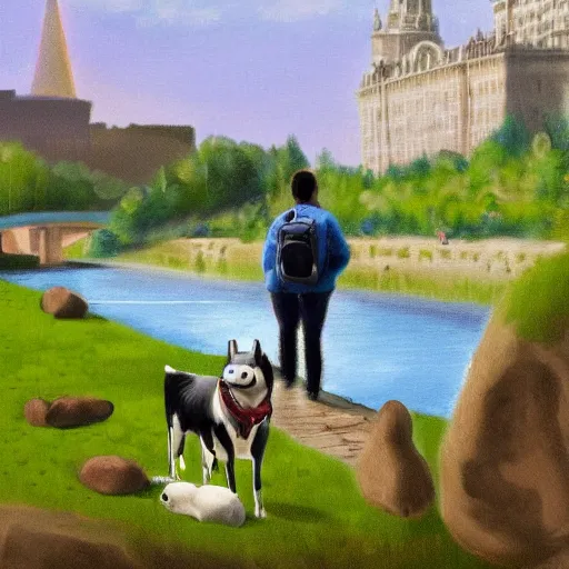 Image similar to A digital painting of a mossy cow in Moscow looking at a river. The cow is holding a wineskin and wears a rucksack. Husky dogs are swimming in the river.