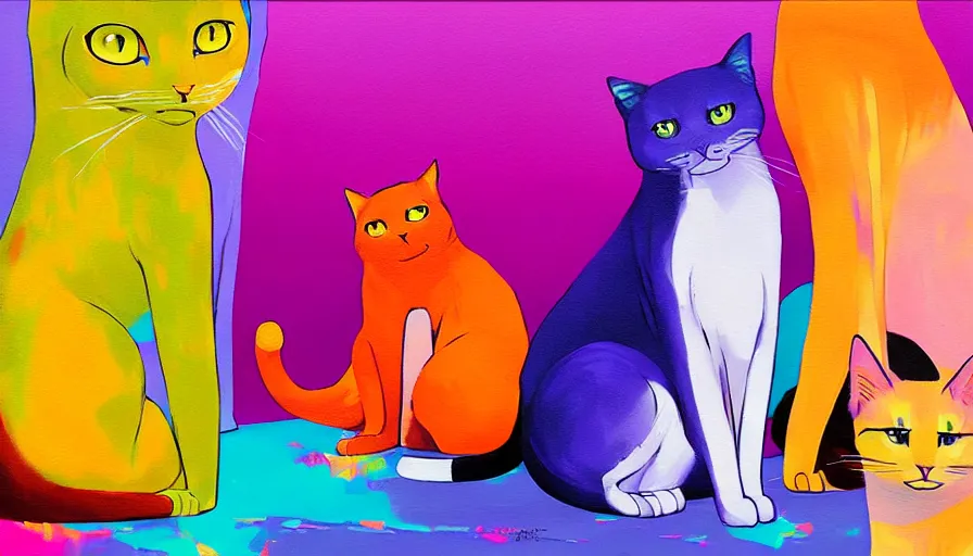 Image similar to contemporary semi abstract acrylic painting of really tall sitting cats by makoto shinkai, by lisa frank, by greg rutkowski, thick brush strokes and visible paint layers, multicolor color scheme