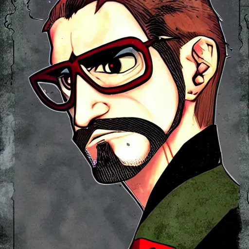 Prompt: Gordon Freeman of Half-Life 2 in the style of JoJo’s Bizarre Adventure, manga art, high-resolution scan
