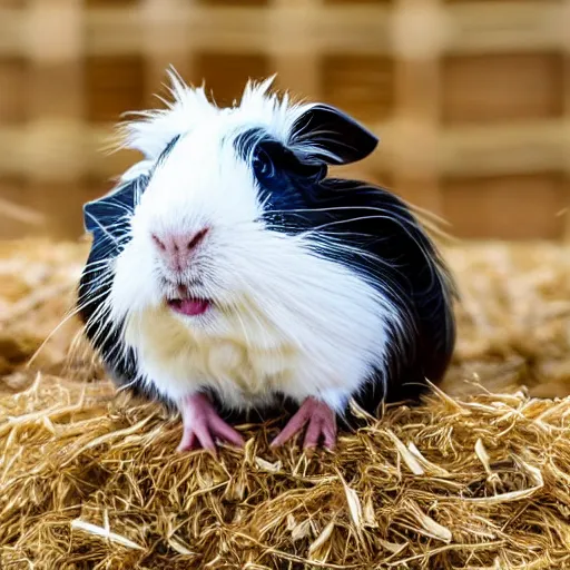 Prompt: a guinea pig wearing white wings, flying in a field of hay