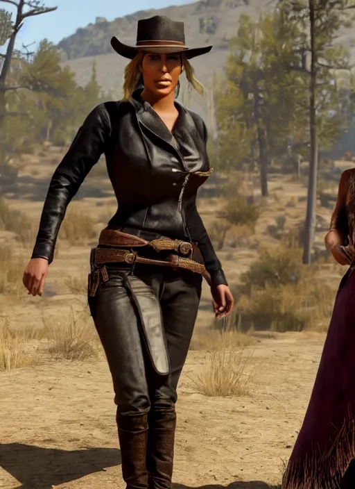 Image similar to film still of kim kardashian as Sadie Adler in rdr2.