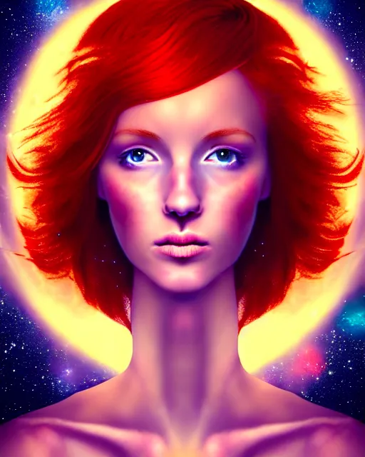 Image similar to space astral portrait of a beautiful girl, red hair, ginger hair, fantasy, glowing skin, smooth face, perfect eyes, half body shot, tarot card