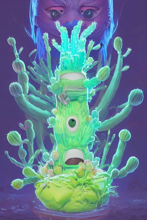 Image similar to roots cactus sushi cristal smurf ghost creature animal sushi cristal very big eye roots cactus elemental flush of force nature micro world fluo fishscale, behance hd by jesper ejsing, by rhads, makoto shinkai and lois van baarle, ilya kuvshinov, rossdraws radiating a glowing aura global illumination ray tracing hdr