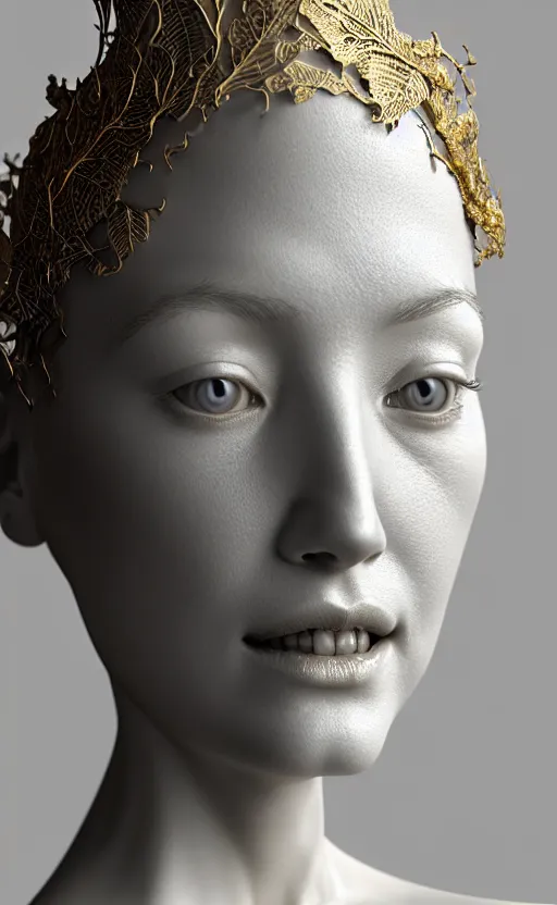 Image similar to complex 3d render of a beautiful porcelain profile woman face, vegetal dragon cyborg, 150 mm, beautiful natural soft light, rim light, silver gold details, magnolia leaves and stems, roots, fine lace, maze like, mandelbot fractal, anatomical, facial muscles, cable wires, microchip, elegant, highly detailed, white metallic armour, octane render, black and white, H.R. Giger style