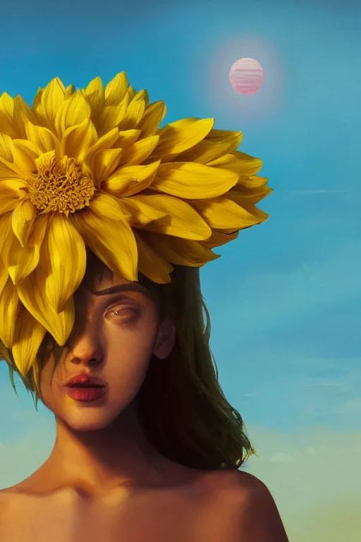 Image similar to closeup girl with huge yellow dahlia flower as a face, on beach, surreal photography, blue sky, sunrise, dramatic light, impressionist painting, digital painting, artstation, simon stalenhag