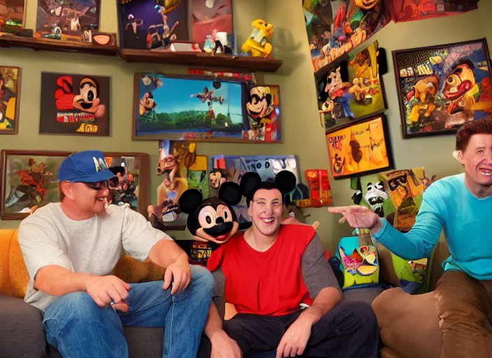 Prompt: pixar animation homeboys are buddies in a disney animation mancave