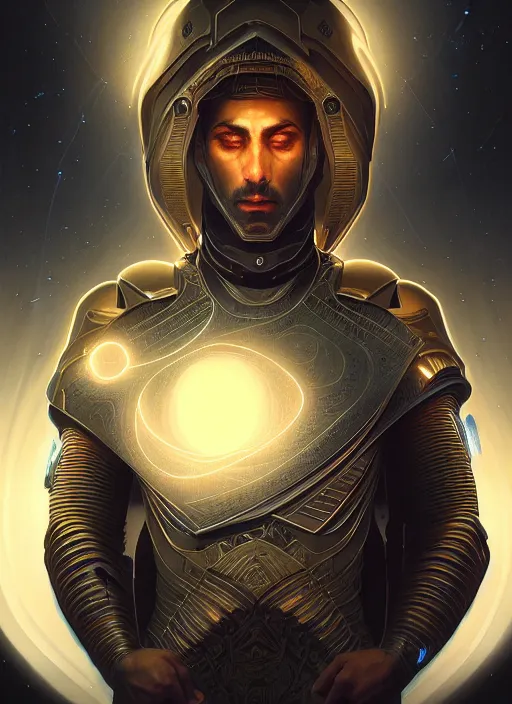 Image similar to Symmetry!! portrait of a arabian man, warrior in sci-fi armour, tech wear, glowing lights!! sci-fi, intricate, elegant, highly detailed, digital painting, artstation, concept art, smooth, sharp focus, illustration, art by artgerm and greg rutkowski and alphonse mucha