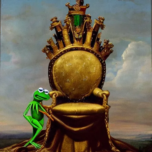 Prompt: Kermit the frog is king of England, royal oil painting 19th century, throne Crown Jewels sceptre