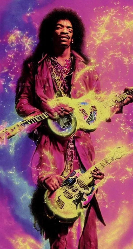 Prompt: Jimi Hendrix as Gabriel with a Day-Glo halo at the Pearly Gates of Heaven, pink tinged heavenly clouds, beautiful buxom angels in bikinis with detailed beautiful pretty faces resembling Lena Horne and Tuesday Weld, flying around his head blowing iridescent soap bubbles, Halle Berry as an angel with a harp wearing golden white robes, ornate tall golden gates adorned with iridescent mother of pearl inlay, Behind the gates is a beautiful waterfall and rainbow, by Rudolph Belarski and Thomas Kinkade, trending on artstation, matte painting