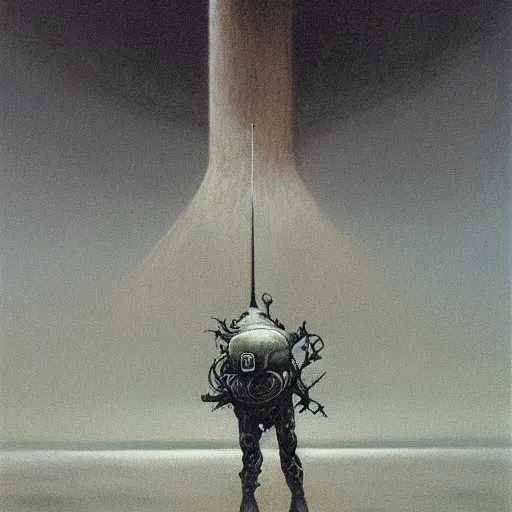 Image similar to Zdzisław Beksiński painting of a war in space