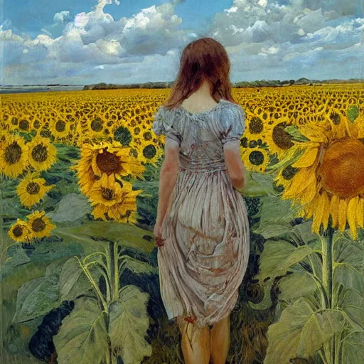 Image similar to a girl in amazing tall sunflower field, her hair flowing down, subtle, intricate details, real masterpiece, oil on canvas, by stanhope forbes, lucian freud