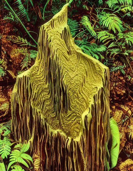 Image similar to vintage color photo of a 1 1 0 million years old abstract liquid gold sculpture covered by the jungle vines