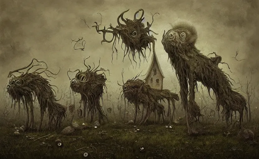 Prompt: a surreal painting of many bizarre otherworldly creatures standing in a small eerie village, by anton semenov and alex andreev