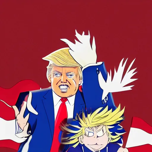 Prompt: donald trump starting in my hero academia ( high detailed, greatly illustrated, good quality, uhd, great render image, 4 k )