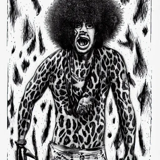 Image similar to animal print pants out of control. it's redfoo with a big afro! in the style of Stephen Gammell. Scary stories to tell in the dark. horror image. Scary! macabre illustration. crosshatching.