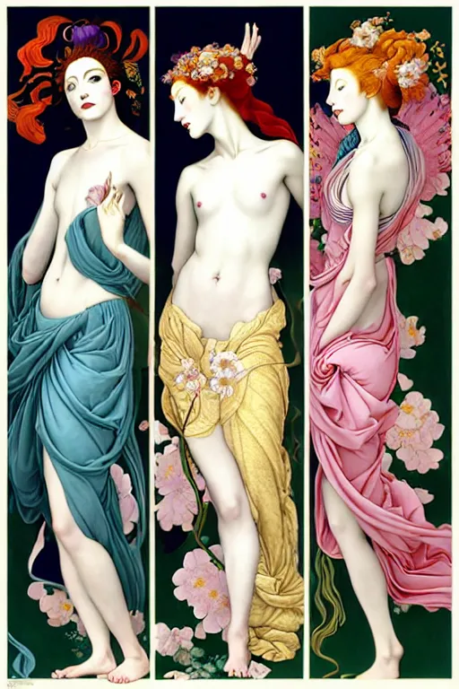 Image similar to 3 Spring Deities, (one representing each month of March, April, and May), in a style blending Æon Flux, Peter Chung, Shepard Fairey, Botticelli, Ivan Bolivian, and John Singer Sargent, inspired by pre-raphaelite paintings, shoujo manga, and cool Japanese street fashion, dramatically blossoming flora and fauna, pastel dynamic colors, hyper detailed, super fine inking lines, ethereal atmosphere, sfumato, 4K extremely photorealistic, Arnold render
