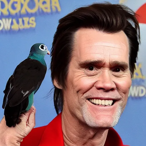 Image similar to jim carrey cosplaying as an anthropomorphic carrier pigeon