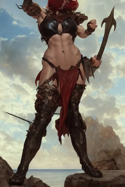 Image similar to a female muscular devil with horns, wearing leather bikini, holding trident, art by artgerm and greg rutkowski and edgar maxence and alphonse mucha 8 k, high detail, fantasy art, dnd, artstation,