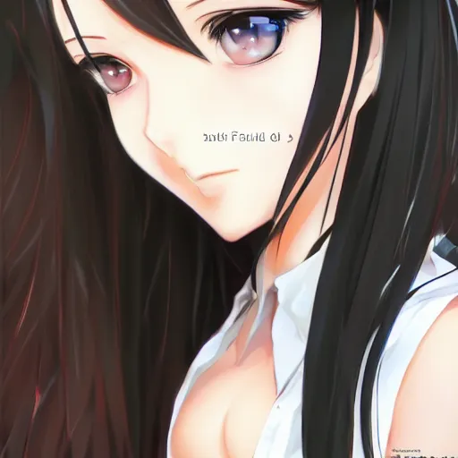 Image similar to luxury advertisement, astonishing portrait of a very beautiful anime high-school girl with black hair twintails, white ribbon, full perfect face, realistic, highly detailed background, artstation, 120 degree view, drawn by Sasoura, Satchely and Akihiko Yoshida, no distortion