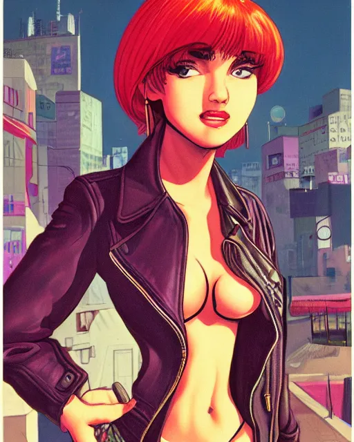 Image similar to portrait of an attractive young female protagonist wearing leather jacket, center focus, in city street, detailed artwork by ralph bakshi