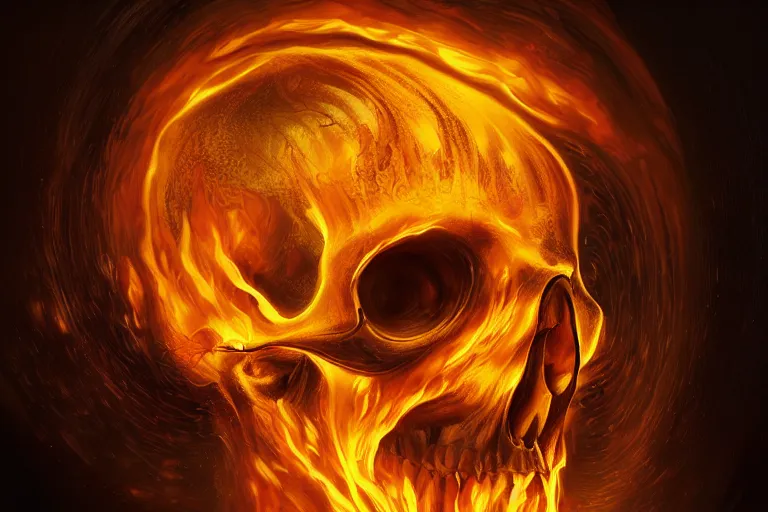 Prompt: human skull enveloped in a liquid flame simulation, fiery tendrils, glowing highlights, intricate, cinematic, hyper realism, 8k, depth of field, bokeh, iridescent accents, artwork by Tooth Wu and wlop and greg rutkowski