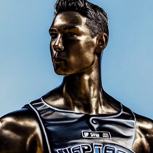 Image similar to “a realistic detailed photo of a guy who is an attractive humanoid who is half robot and half humanoid, who is a male android, baseball player Aaron Judge, shiny skin, posing like a statue, blank stare”