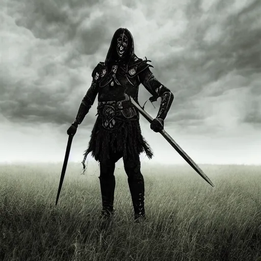 Prompt: Aging warrior in black metal cuirass stands alone in a field, grey hair, Dungeons and Dragons, fantasy, character portrait, matte painting