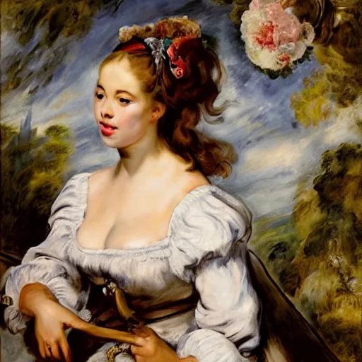 Image similar to heavenly summer sharp land sphere scallop well dressed lady in front of a flat screen television, auslese, by peter paul rubens and eugene delacroix and karol bak, hyperrealism, digital illustration, fauvist, in front of a flat screen television