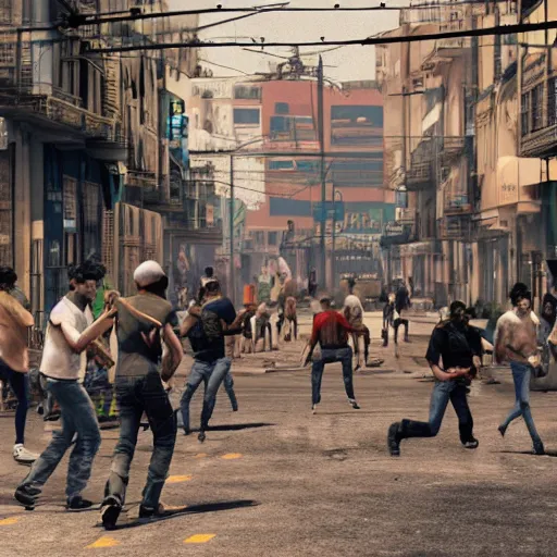 Image similar to people causing trouble in the streets of a south american city, ultra realistic, cinematic, dynamic light, photorealistic