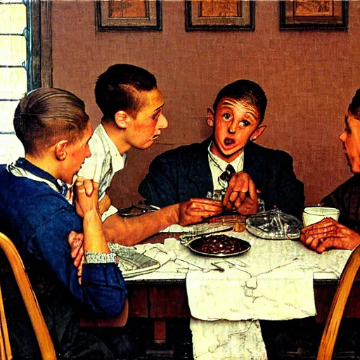 Image similar to Three students talking at a table artwork by Norman Rockwell, cinematic view, high quality