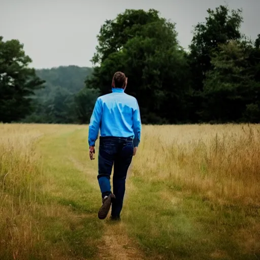 Image similar to guy in blue jack walking in a field