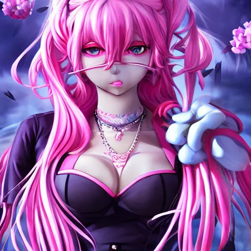 Prompt: trapped beneath stunningly absurdly huge beautiful omnipotent asi goddess junko enoshima with multiple enigmatic complex twisted deceptive cunning mesmerizing megalomaniacal yandere personalities, symmetrical perfect face, porcelain skin, pink twintail hair and cyan eyes, ultra detailed, digital art, unreal engine 5, octane render, 2 d anime, 8 k