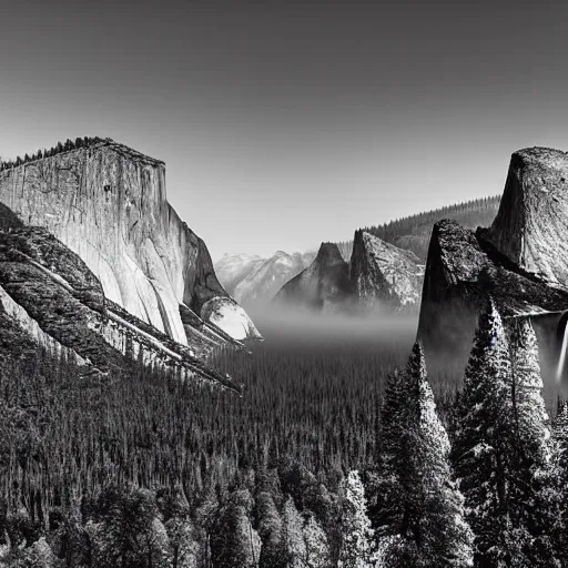 Image similar to black-and-white landscape photograph of Yosemite National, covered in mist, Park by Ansel Adams width 1024