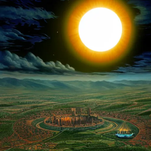 Prompt: dark solar eclipse, above a village, highly detailed, studio 4 k quality, by clyde caldwell