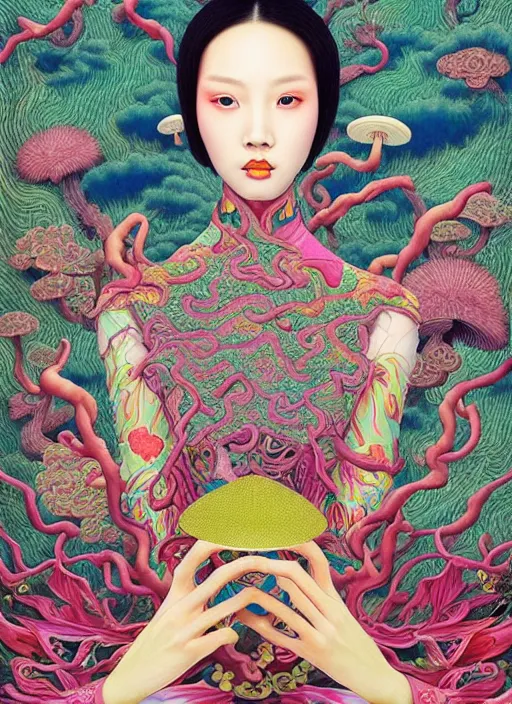 Image similar to pretty chinese model with hallucination mushroom : : by martine johanna and simon stalenhag and chie yoshii and casey weldon and wlop : : ornate, dynamic, particulate, rich colors, intricate, elegant, highly detailed, vogue, harper's bazaar art, fashion magazine, smooth, sharp focus,