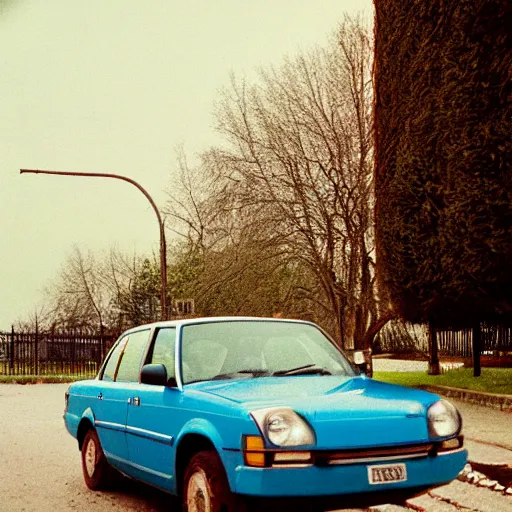 Prompt: low angle shot of russian car in soviet yard with block of flats, cinestill 800t , 80mm ,polaroid, masterpiece, f 1.6, bokeh, mid day in style of william egglestone