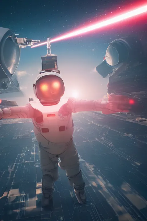 Image similar to wide view of futuristic spacemen firing lasers in zero gravity, floating, in the sky, bright white light, hiding behind obstacles, surrounded by a square laser grid, unreal engine, lensflares, low perspective, fish eye