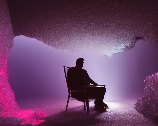 Prompt: man on chair, cave with crystals, glitter, volumetric light, foggy, smokey, moody, kodak photography, cyan and pink light