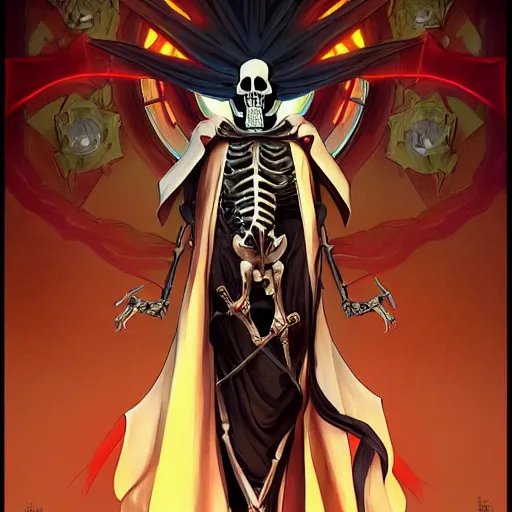 Image similar to Tall skeleton overlord, covered with royal robes, magic caster, wide shoulders, evil aura, full body shot, anime style, AINZ, 90's modern art, art by artgerm and greg rutkowski and alphonse mucha