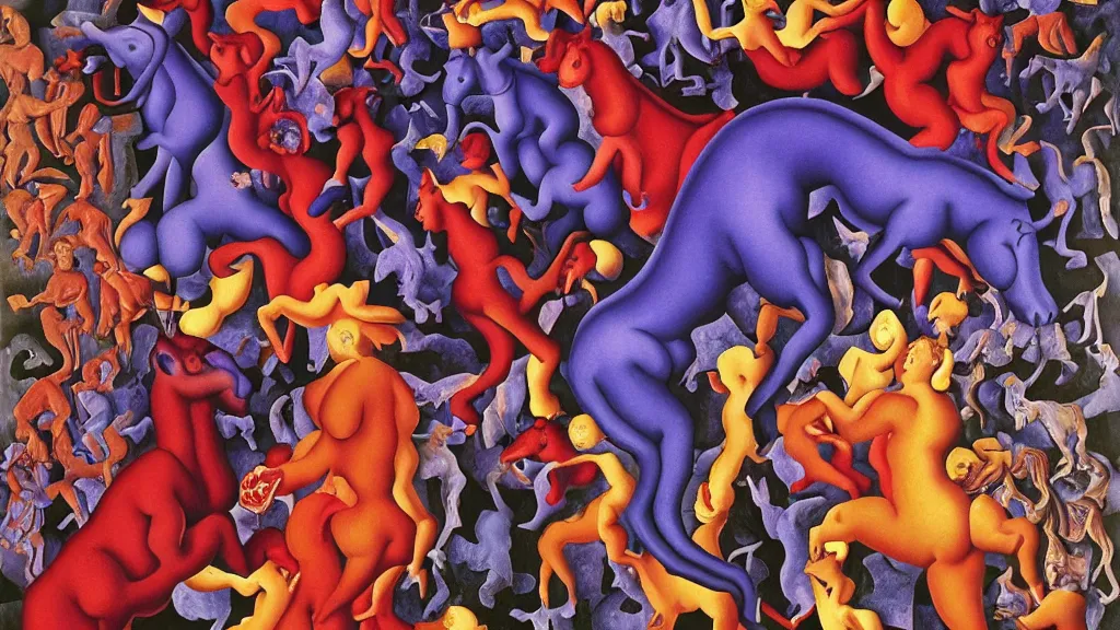 Image similar to red bodied devils and blue horses, purple monkeys | pain, pleasure, suffering, adventure, love, life, afterlife, souls in joy and agony | abstract oil painting, gouche on paper by MC Escher and Salvador Dali and raqib shaw |