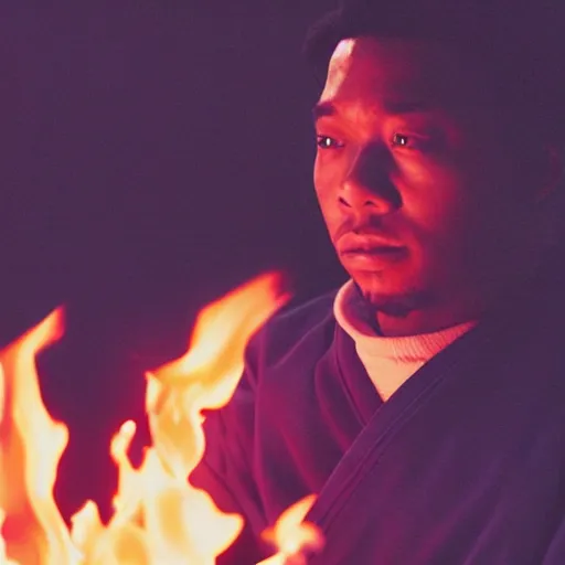 Image similar to cinematic film still of rapper JID starring as a Japanese Sensei with fire, Japanese CGI, VFX, 2003, 40mm lens, shallow depth of field, film photography