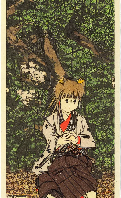 Prompt: by akio watanabe, manga art, medium size boar is curios about girl with brown hair sitting in forest, yellow eyes, trading card front, kimono, realistic anatomy