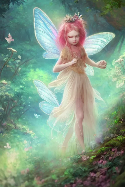 Image similar to a cute and geogerous fairy in the dreamy forest, fantasy, dreamlike, 8 k resolution, hyper detailed, d & d, character design, digital painting, trending on artstation, sharp focus, illustration, art by viktoria gavrilenko, hoang lap, fuji choko, steve zheng,