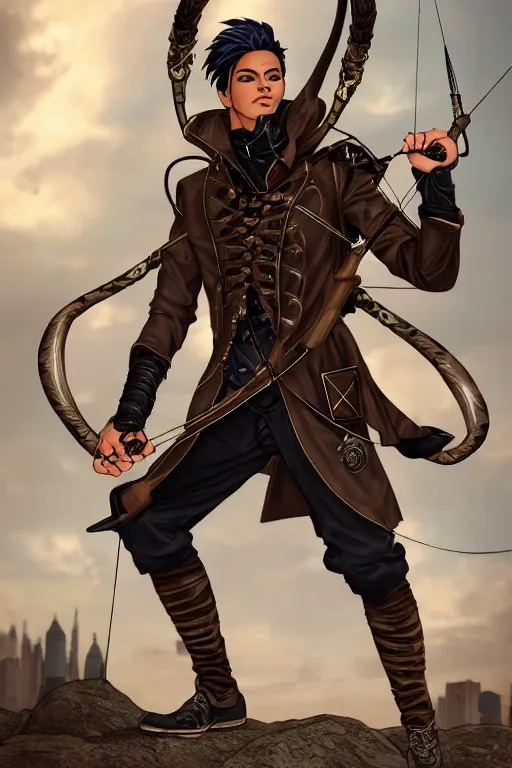 Prompt: Full body Picture of a Male archer, steampunk, black leahter gloves, leather duffle coat, marked muscles, brown skin, light blue hair, brown eyes, detailed face, combat stance, black denim pants, intrincate clothing, hi-tech bow, metallic arrows, urban jungle, epic fantasy, city in the background, steampunk, D&D, by artgerm and Craig Mullins, James Jean, Andrey Ryabovichev, Mark Simonetti, Genzoman, and Peter Morbacher, matte painting, trending on artstation, artstationHD, artstationHQ, octane, full HD, 16K